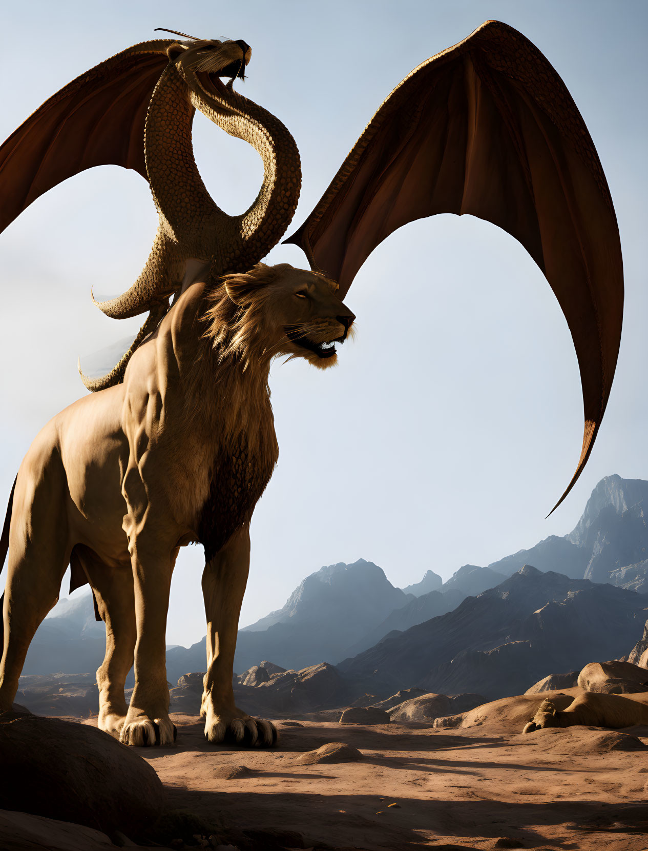 Mythical lion-dragon hybrid on rocky terrain.