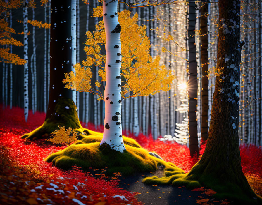 Colorful forest scene with white-barked tree and golden leaves contrasted by red foliage and dark tr