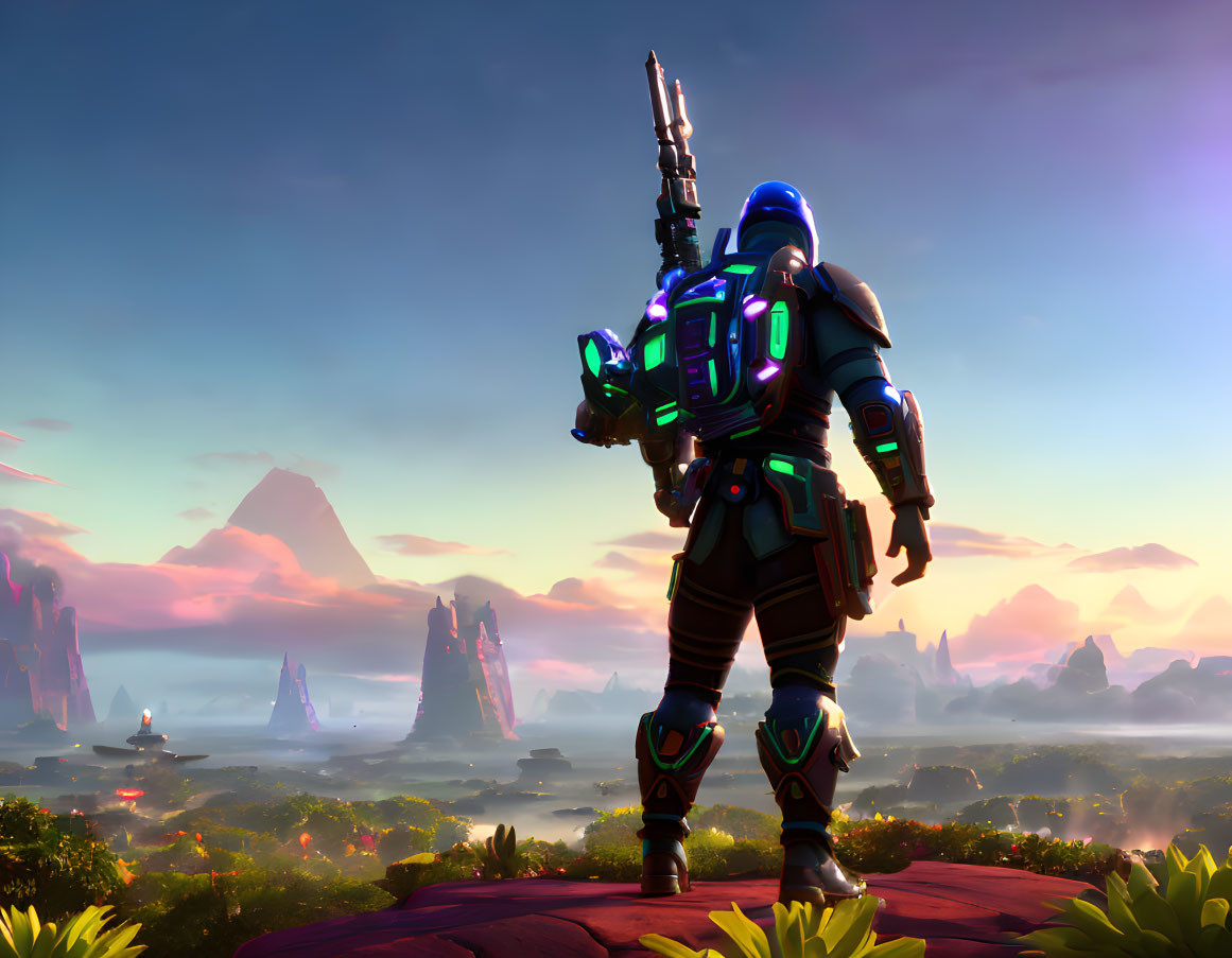 Futuristic armored warrior in alien landscape at sunset