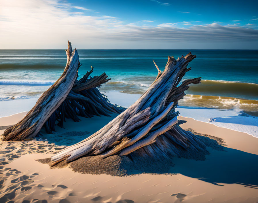 Weathered tree stumps on sandy beach with waves in background