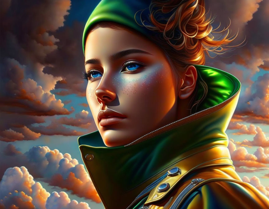 Illustrated woman with blue eyes, freckles, green hood, gold-trimmed jacket under