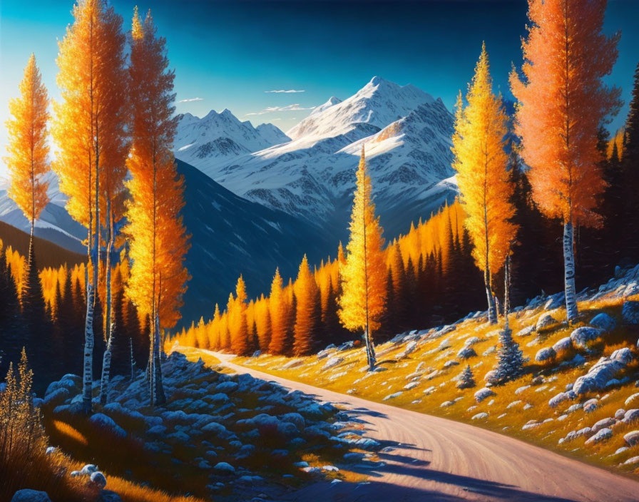 Golden trees, winding road, snow-capped mountains: Autumn landscape view.