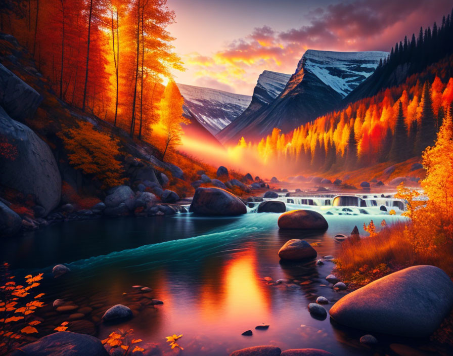 Autumnal forest river scene with fiery leaves and mountains