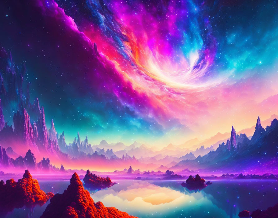 Alien landscape digital artwork with vibrant purple and pink skies