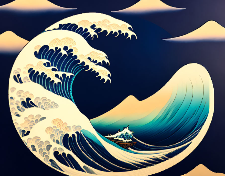 Stylized wave encircling small boat in classic Japanese pattern