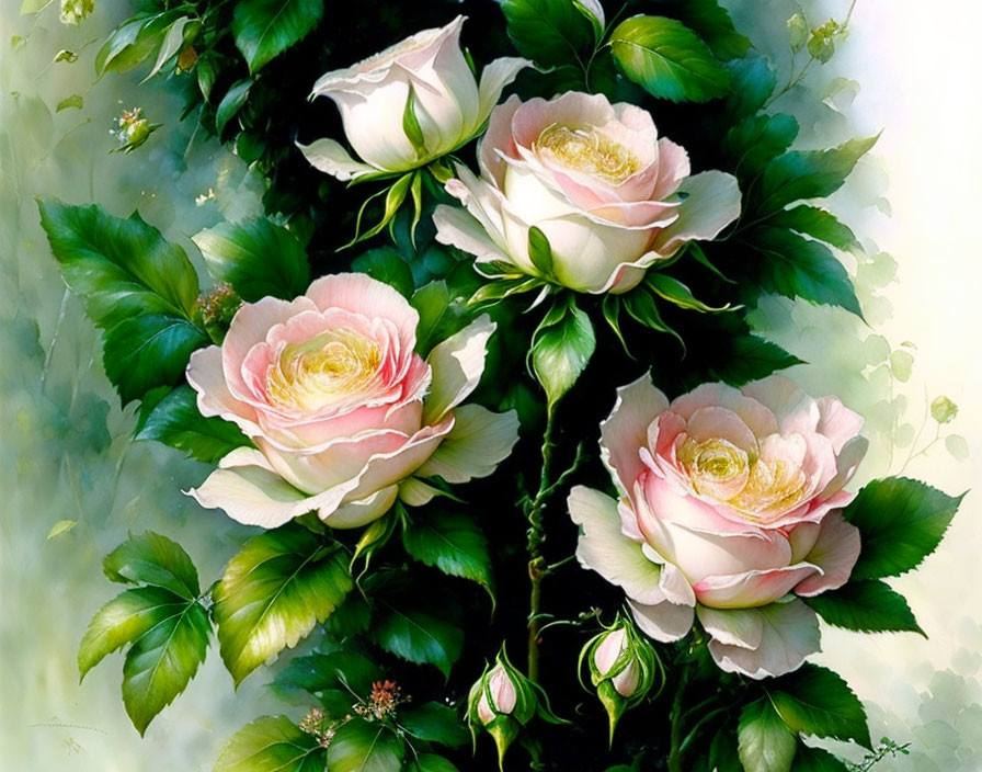 Digital painting of white and pink roses with yellow centers and green leaves.