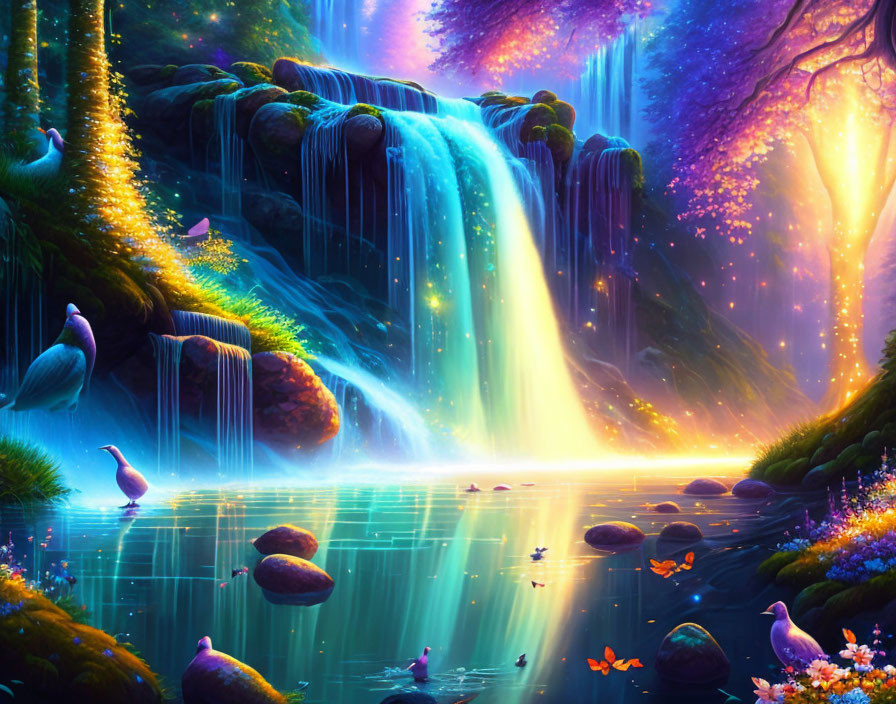 Vibrant fantasy forest with waterfalls and glowing flora