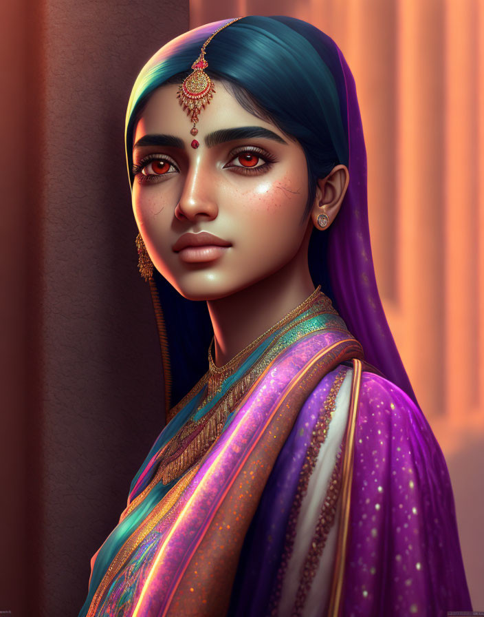 Young woman in traditional Indian attire digital portrait against warm backdrop