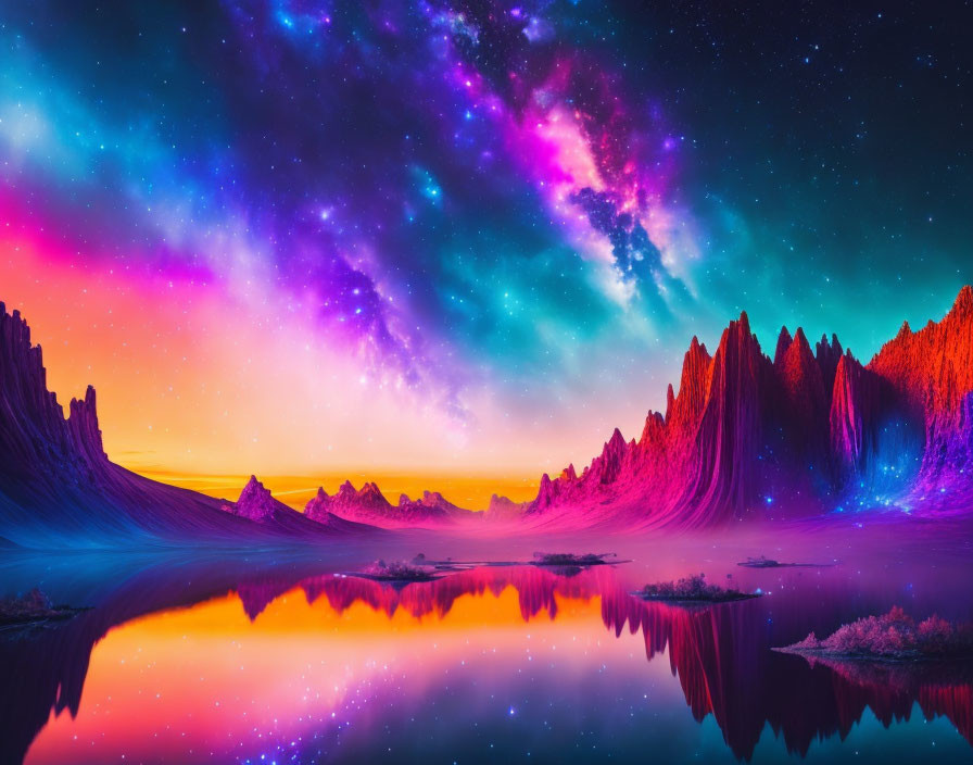 Colorful starry sky over surreal mountains and serene water.