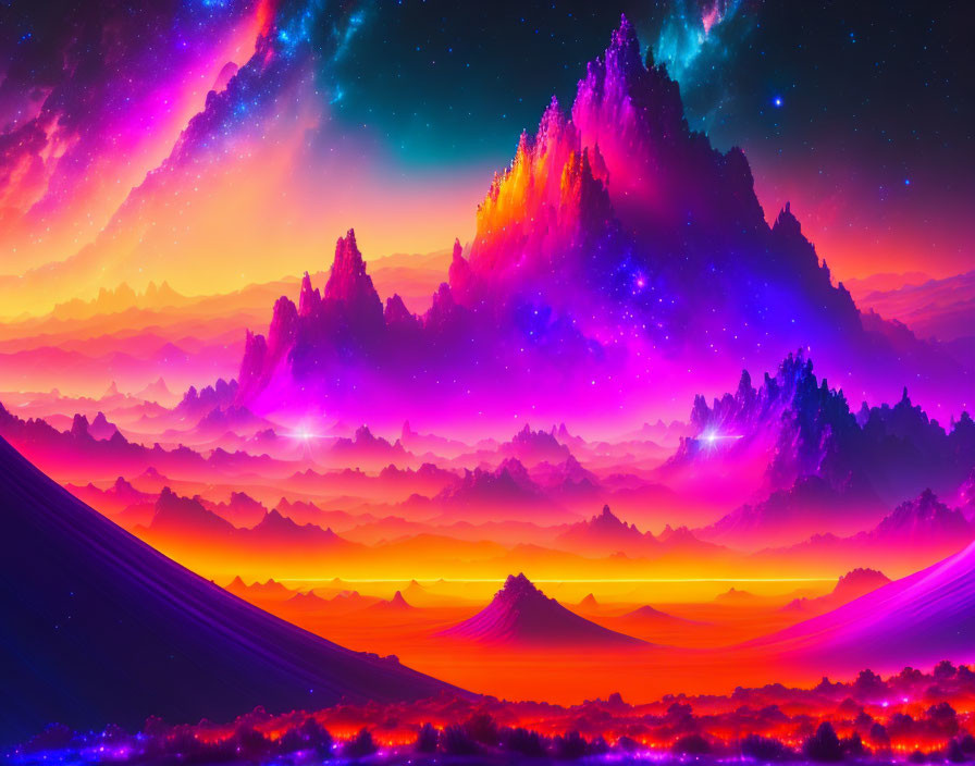 Vibrant neon colors depict surreal mountain landscape under starry sky.