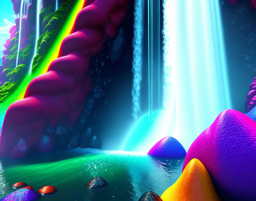 Fantastical Landscape: Neon Rocks, Sparkling Waterfall & Serene Pond