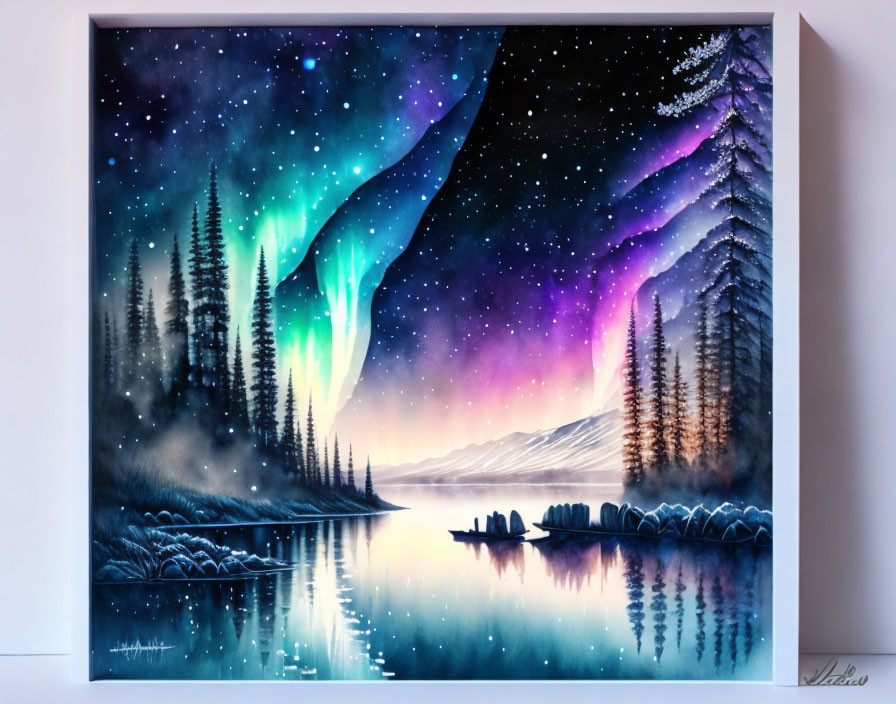 Northern Lights Nighttime Landscape with Lake, Forest, and Rowboat