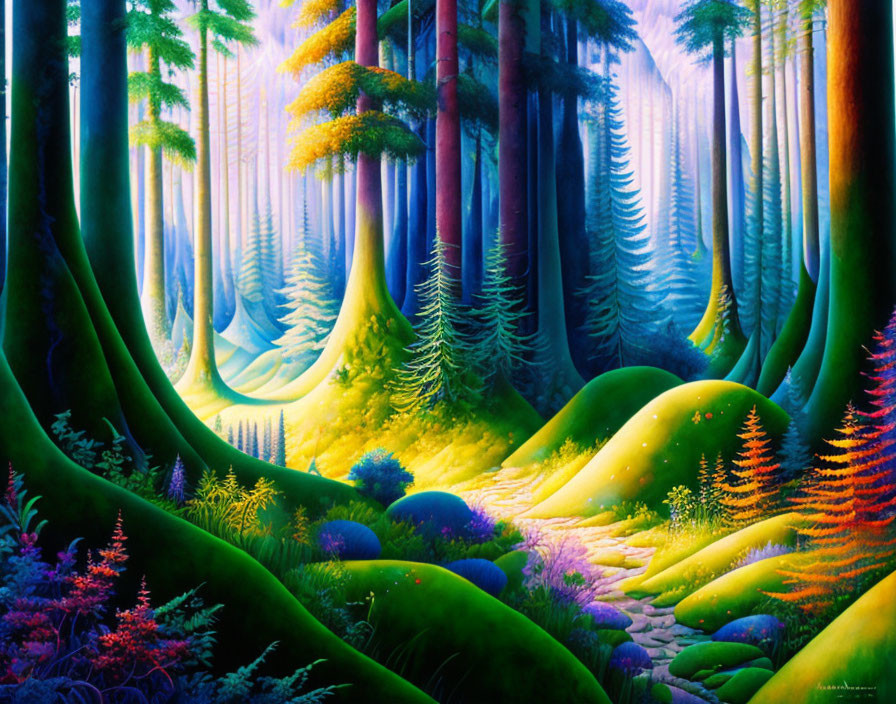 Colorful Fantasy Forest with Glowing Pathway & Towering Trees