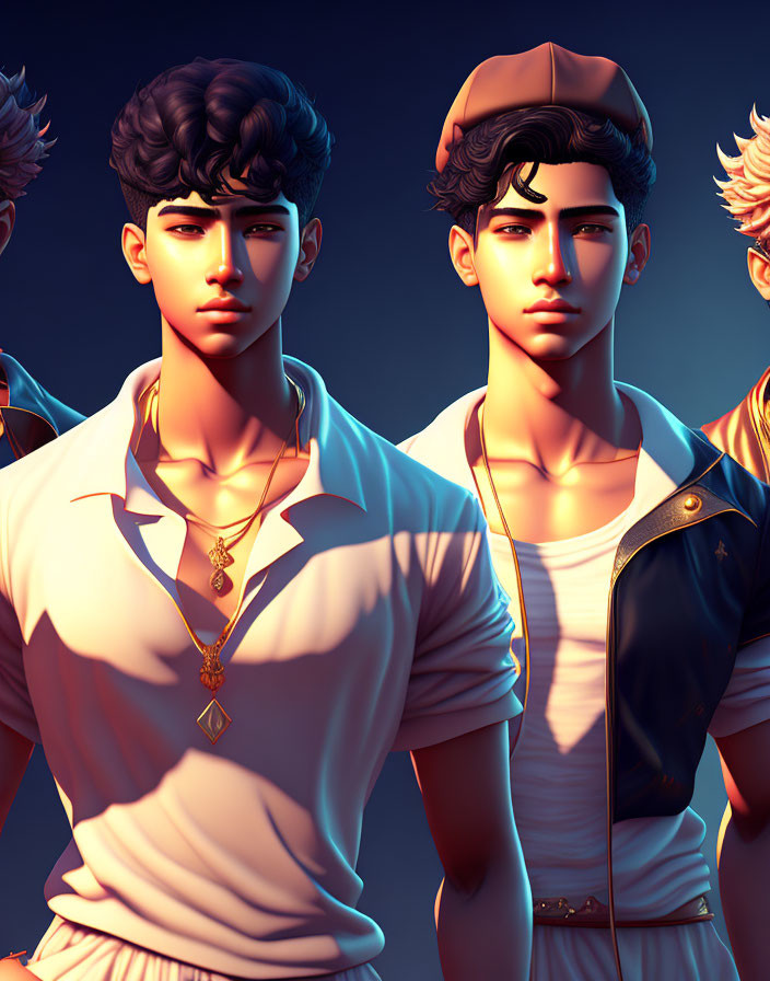 Stylized male characters with modern hairstyles and fashionable attire in warm backlit setting