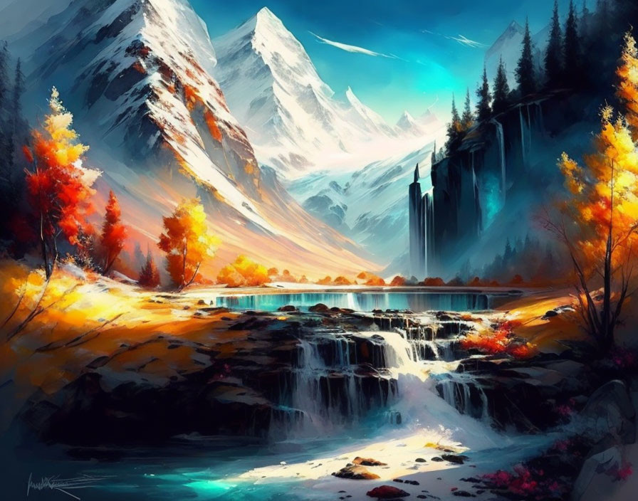 Colorful Autumn Landscape with Waterfall, Lake, Trees & Mountains