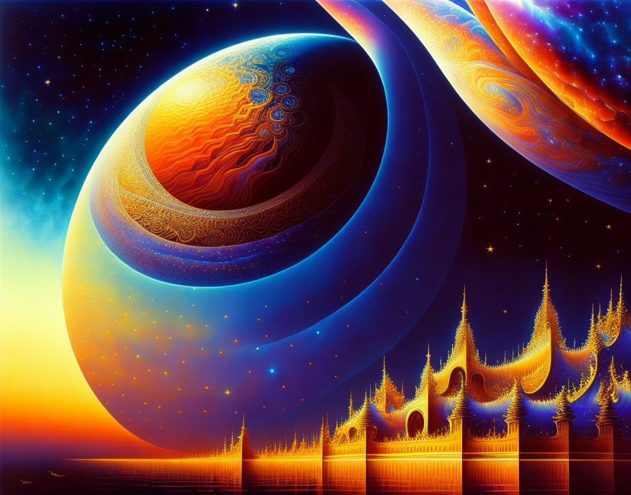 Surreal cosmic landscape with golden spires and swirling planets