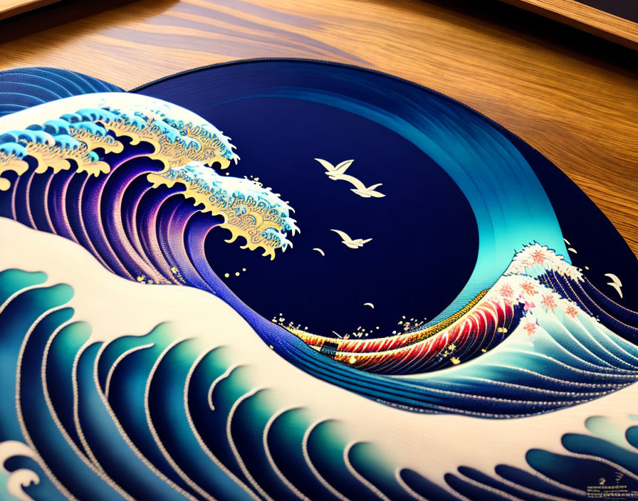 Japanese Great Wave Design Vinyl Record on Wooden Surface