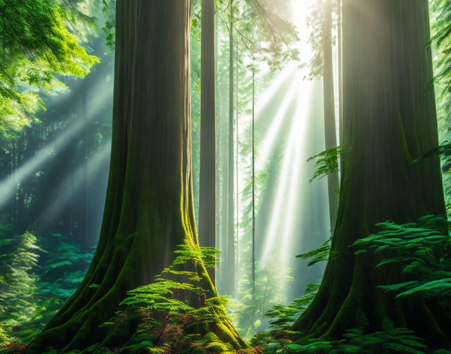 Misty forest with sunlight streaming through trees