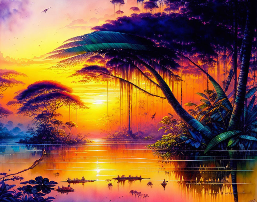 Colorful Tropical Jungle Sunset Scene Digital Art Piece