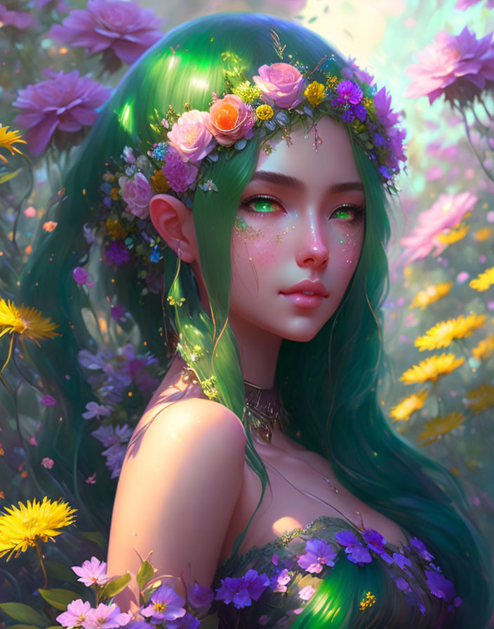 Person with Green Hair and Floral Adornments Surrounded by Vibrant Flora