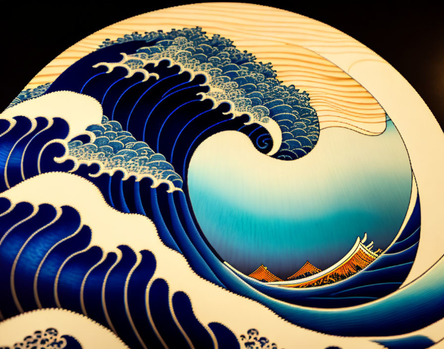 Stylized blue wave around Mount Fuji with golden sky