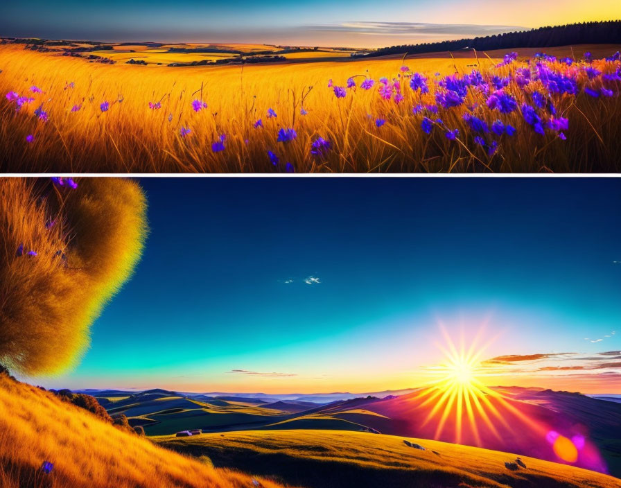 Vibrant sunset over rolling landscape with wildflowers