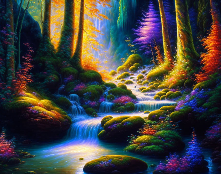 Colorful forest with cascading stream and sunlight filtering through trees