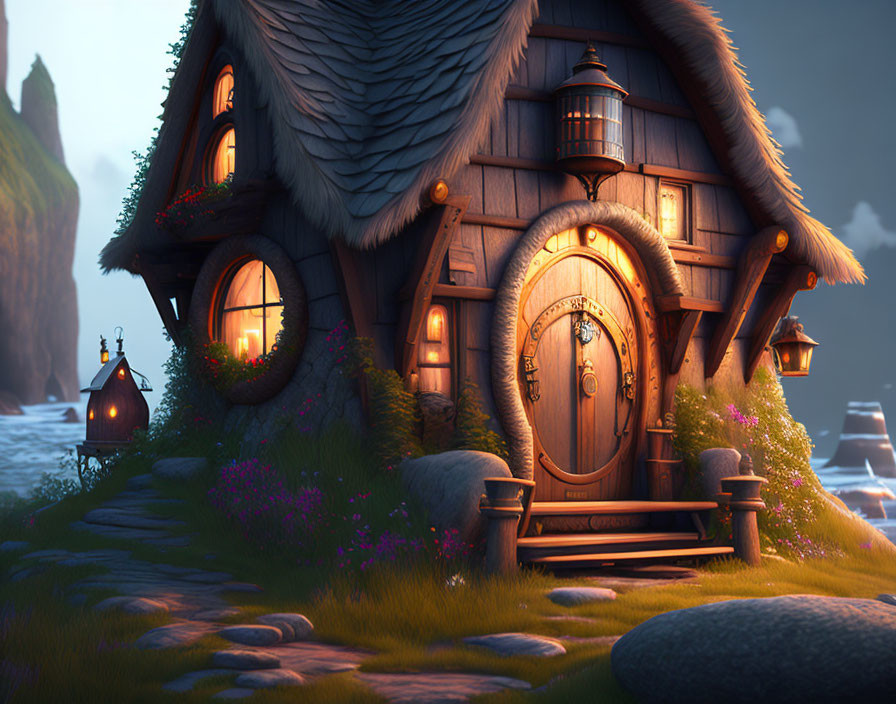 Enchanting fairytale cottage in twilight landscape