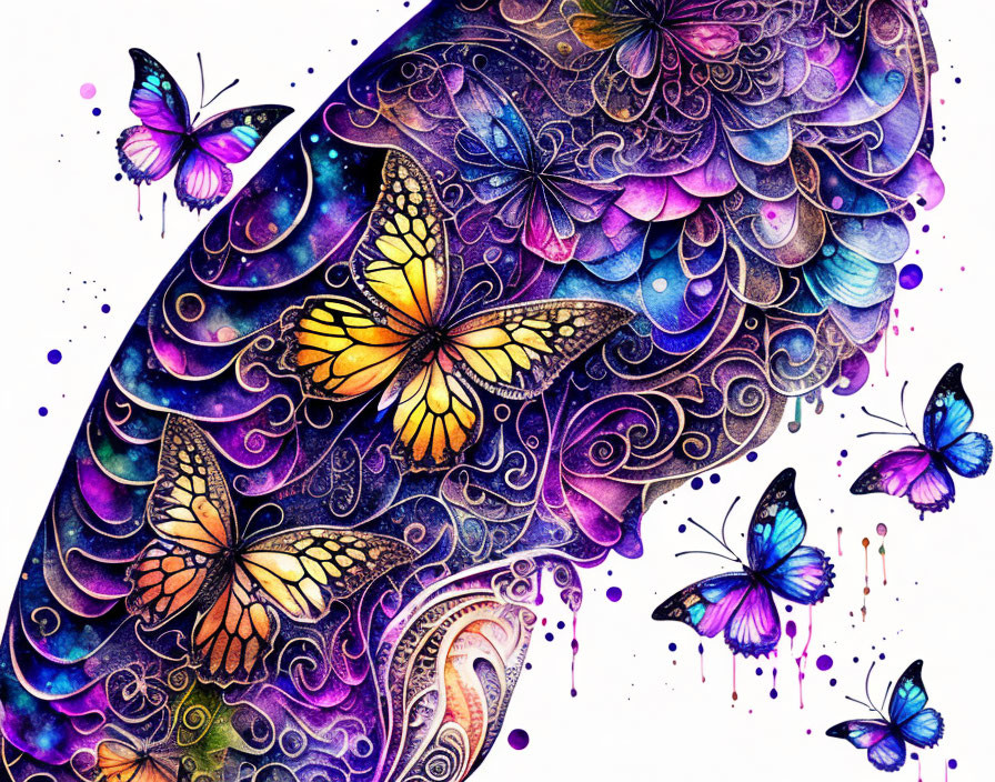 Colorful Butterfly Artwork with Cosmic Floral Background