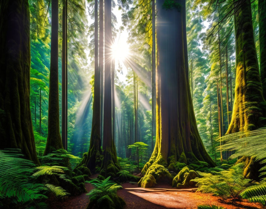 Ancient forest with sunlight, moss-covered ground, and ferns