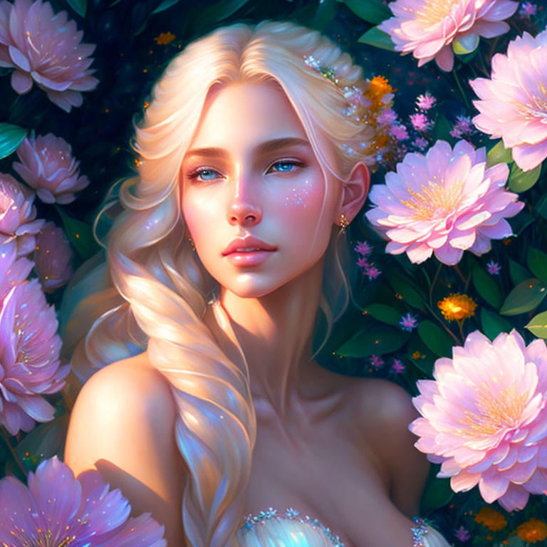 Blond Woman with Blue Eyes Surrounded by Pink Flowers