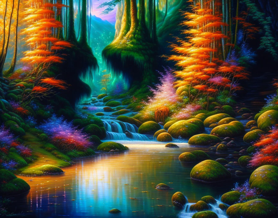 Enchanting forest with serene stream and colorful foliage