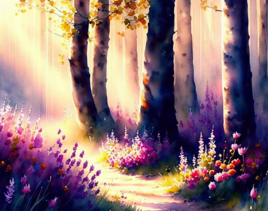 Sunlit forest path with purple and pink flowers in watercolor