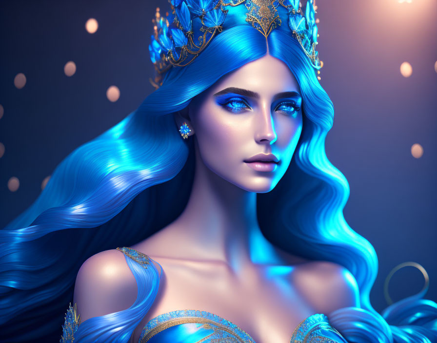 3D illustration of woman with blue hair and ornate crown on dark blue background