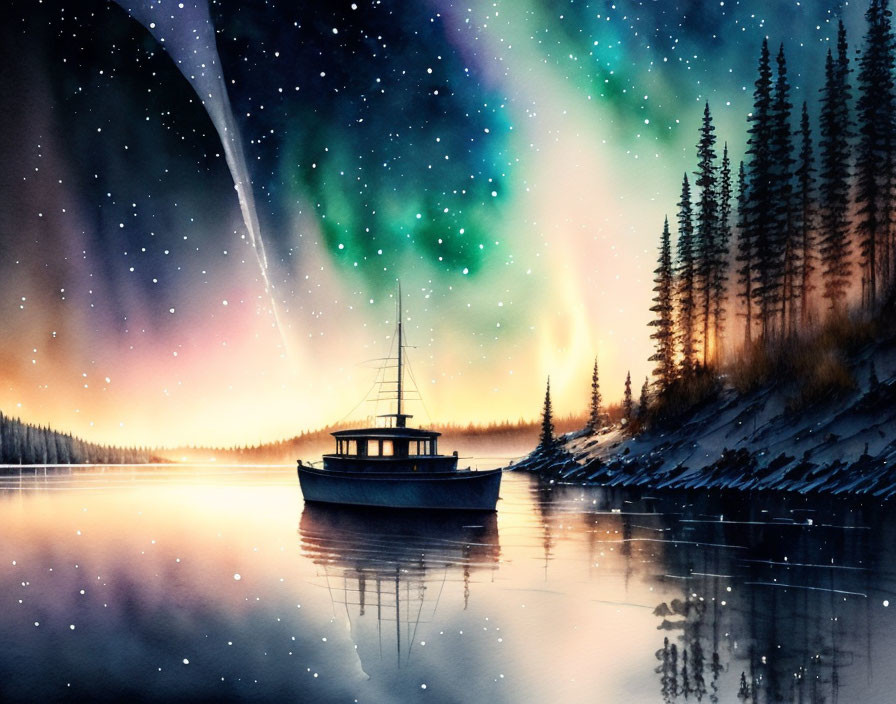 Boat on calm waters under starry sky with vibrant auroras and forest silhouette