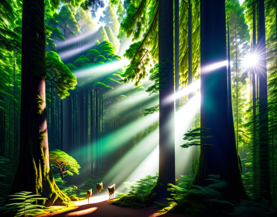 Serene forest scene: tall trees, sunbeams, couple walking on path