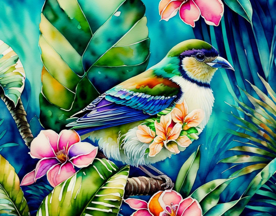 Vibrant bird with green, blue, and yellow feathers in tropical setting