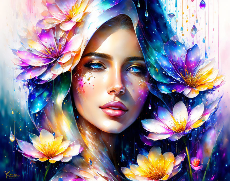 Colorful portrait of a woman with floral elements and sparkles in vivid blues and purples