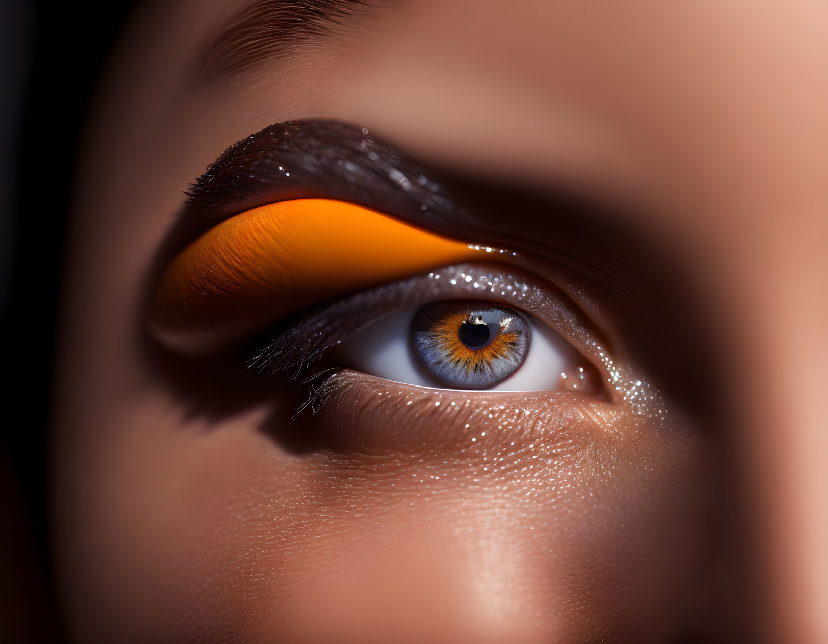 Detailed human eye with orange eyeshadow, intricate iris, and healthy lashes on dark backdrop