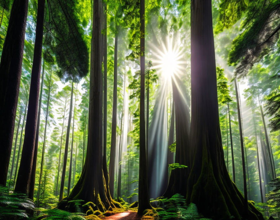 Dense forest with sunlight streaming through tall trees