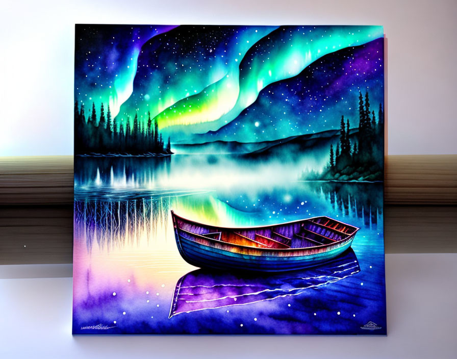 Northern Lights painting above lake with boat reflection on wooden shelf