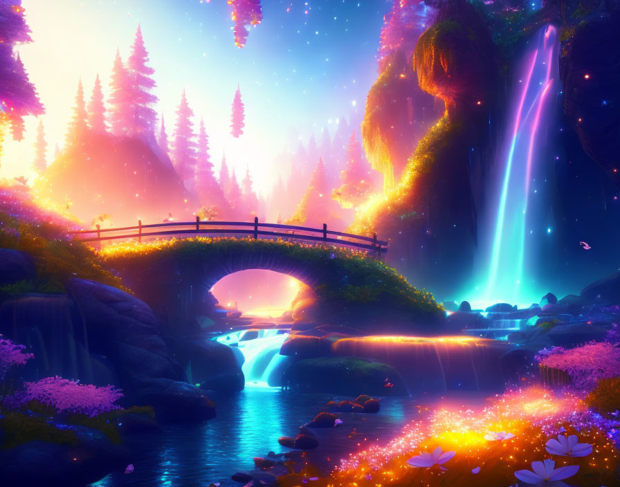 Fantasy landscape with glowing waterfall, bridge, vibrant flora, and starry sky