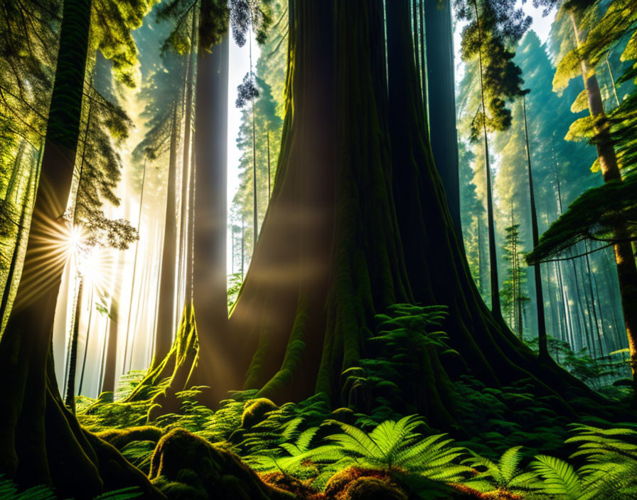 Misty forest with sunbeams illuminating ferns and ancient trees