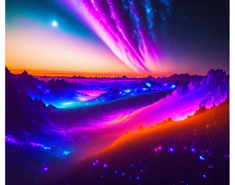 Surreal neon-lit landscape with starry sky and auroras