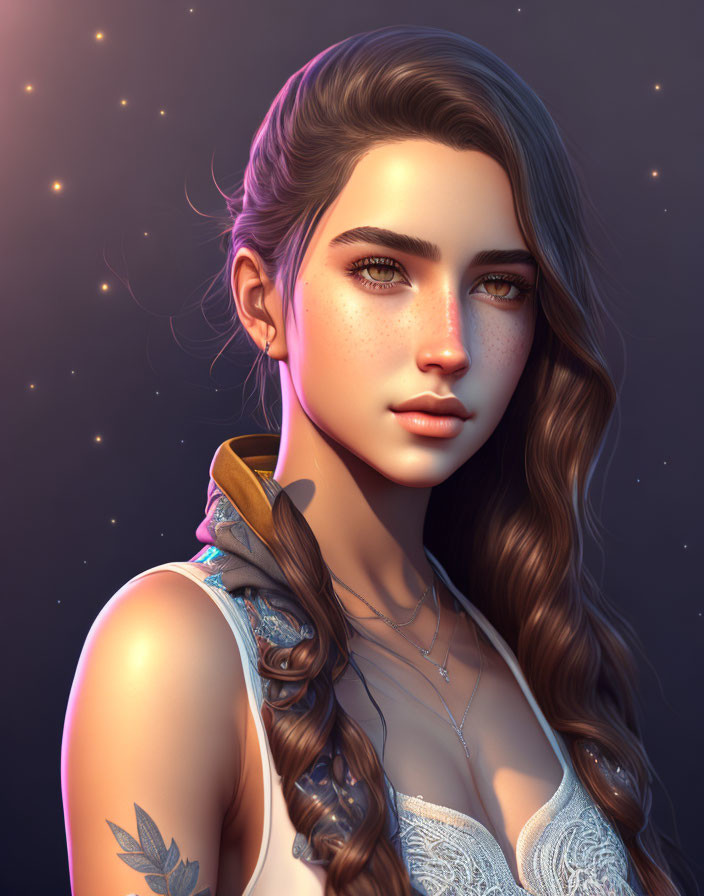 Young woman digital portrait with wavy hair, freckles, and tattoo on shoulder against starry