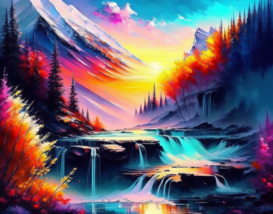 Colorful landscape with waterfalls, autumn trees, and snowy mountains