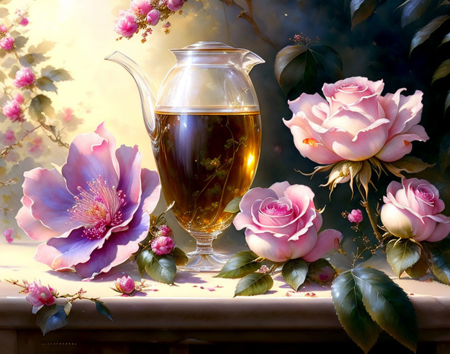 Transparent pitcher with golden liquid, pink roses, and scattered petals in soft-lit setting