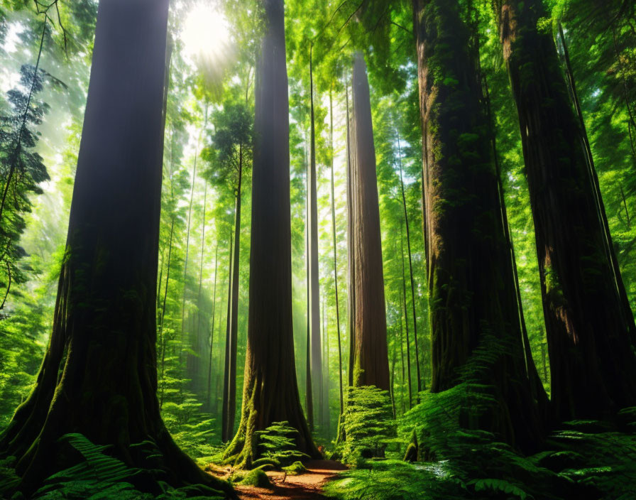 Lush green forest with sunlight filtering through tall ancient trees