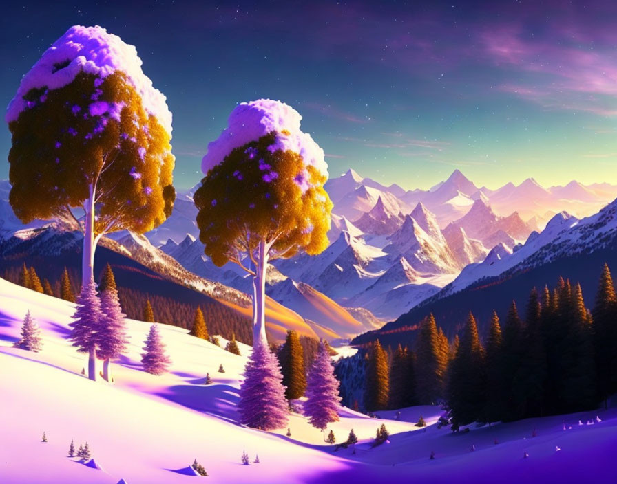 Snow-capped trees and mountains under purple sunset sky with warm and cool hues.