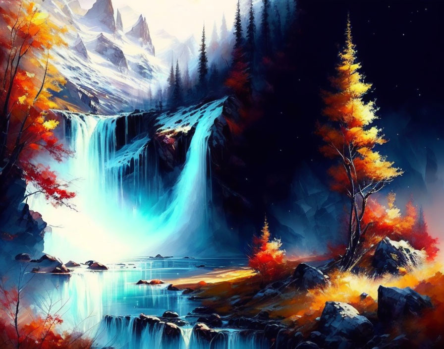 Scenic autumn forest waterfall painting with colorful trees